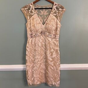 Sue Wong Size 10 Light Pink Lace Beaded Short Sleeve Mini Dress